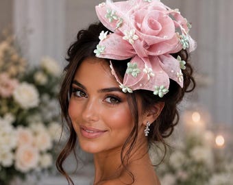 Light Blush Pink Fascinator , Sage Green Flower Wedding Guest Clip, Candy Pink Bow Headpiece