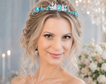 Silver Bridal Tiara Crystal Light Blue Crown Rhinestone Wedding Headpiece Prom Princess Headband