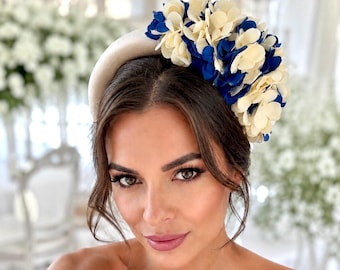 Navy Cream Fascinator Blue and Ivory Headband Hydrangea Flower Wedding Hair Piece