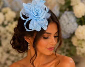 Something Blue Fascinator, Powder Light Blue Flower Wedding Guest Clip, Baby Bow Headpiece