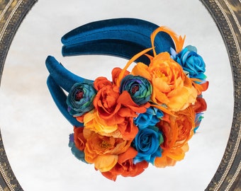 Teal blue floral fascinate for women Orange teal turquoise mini hat headband Bright fascinator wedding Burnt orange teal flower headpiece