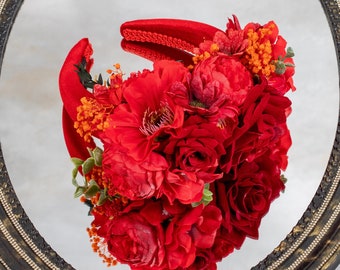 Set mini sombrero rojo y pendientes Halo adornado con flores secas Diadema de flores de boda Las mujeres fascinan Joyería de boda elegante para la novia