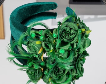 Emerald green garden party hat Wedding floral hat Dark green mini hats Bottled green headband fascinate Derby hat for women Hats royal ascot