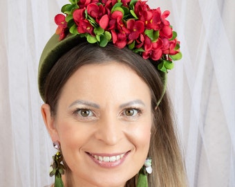 Khaki hat Bottle green fascinate Fascinator hats for women Floral mini hat Fascinator red Wedding fascinator headbands Races headpiece Halo
