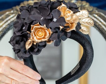 Parure de boucles d'oreilles fascinatrices en or noir et bracelet en cristal noir fascinateur floral pour femme Coiffure de mariage Derbies fascinateur Mini chapeaux