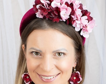 Set burgundy pink fascinate earrings and bracelet Burgundy pink Velvet wedding hat headband Fascinate mini hat Pink flower halo Gift jewelry