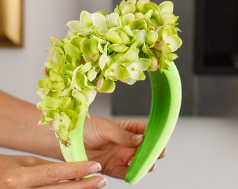 Tocado verde lima Diadema con hortensia verde Diadema fascinador Tocado boda Carreras diadema halo Sombreros de día para damas Halo acolchado