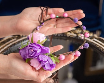 Paarse bloem kroon bloem hoofdband vrouwen bloem Violet bruiloft Tiara bruidsmeisje hoofdtooi bruids zendspoel krans Halo meisjes hoofdbanden