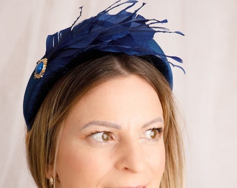 Navy blue fascinate for women Navy feather fascinators Wedding guest mini hats Velvet navy blue gift Wedding headband hat Wedding navy blue