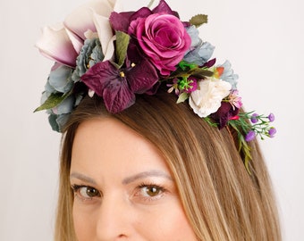 Couronne de fleurs mexicaine Diadème de festival Halo de Frida Grand halo Casque mexicain d'halloween Diadème de fée Couronne de cheveux de mariage Bandeau de fleurs de fiesta