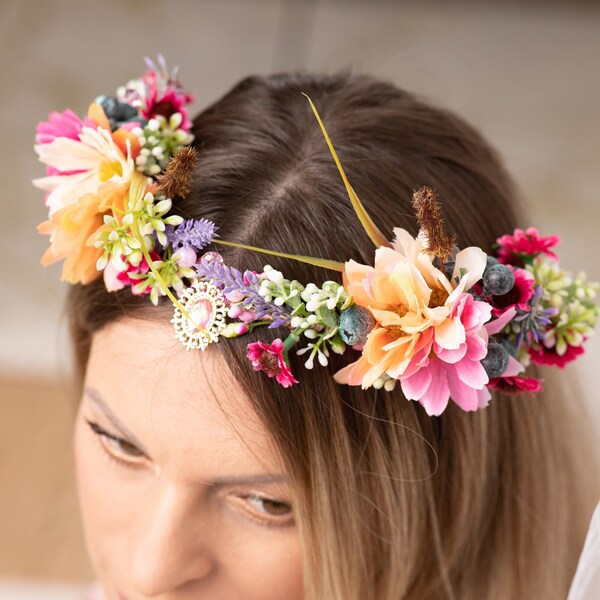 Fairy crown Flower crown Halo crown Elven crown Elven tiara Fairy tiara Meadow Flower Crown Crown Pink Orange Crown Woodland halo Headband