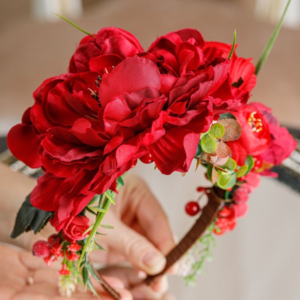 Couronne de fleurs mexicaine Serre-tête de festival Couronne de fée Coiffe mexicaine Rouge Frida Kahlo Serre-tête de fleurs Couronne de fleurs colorées Coiffe de fleurs