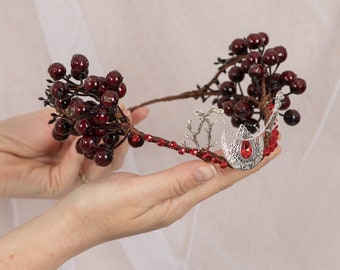 Elf crown Burgundy headpiece Flowers and chains circlet Nymph tiara Dark fairy crown Moon circlet Elven hair piece Gothic crown Halo cosplay