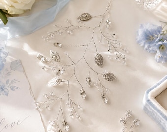 Silber Kristall Haarranke 20 cm Blatt Braut Kopfschmuck Marquise Strass klar Hochzeit Accessoire