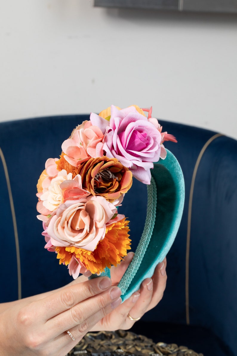 Mint green fascinate Floral peach blush pink fascinator headband Women headpieces for garden patty Orange derby hat Fascinator hairband halo image 3