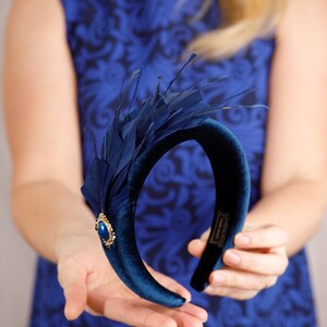 Set navy blue fascinator earrings and bracelet with blue crystal Wedding headband Feather fascinate Kentucky Derby Wedding guest jewelry image 7