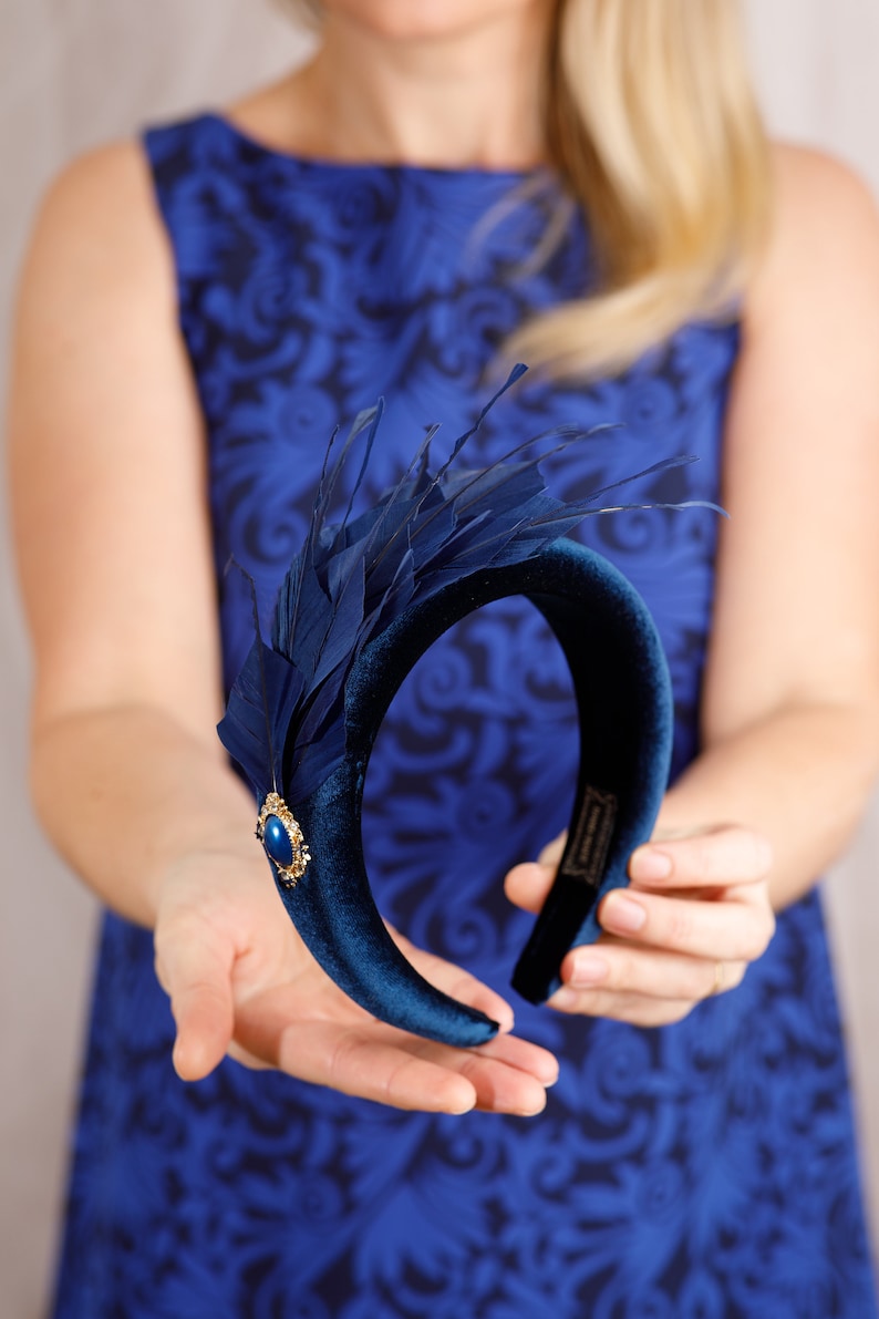 Set navy blue fascinator earrings and bracelet with blue crystal Wedding headband Feather fascinate Kentucky Derby Wedding guest jewelry image 7