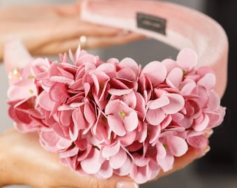 Royal Ascot Pink Floral Fascinator Headband, Wedding Guest Hair Accessory, Hydrangea Velvet Headpiece