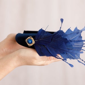 Set navy blue fascinator earrings and bracelet with blue crystal Wedding headband Feather fascinate Kentucky Derby Wedding guest jewelry image 3