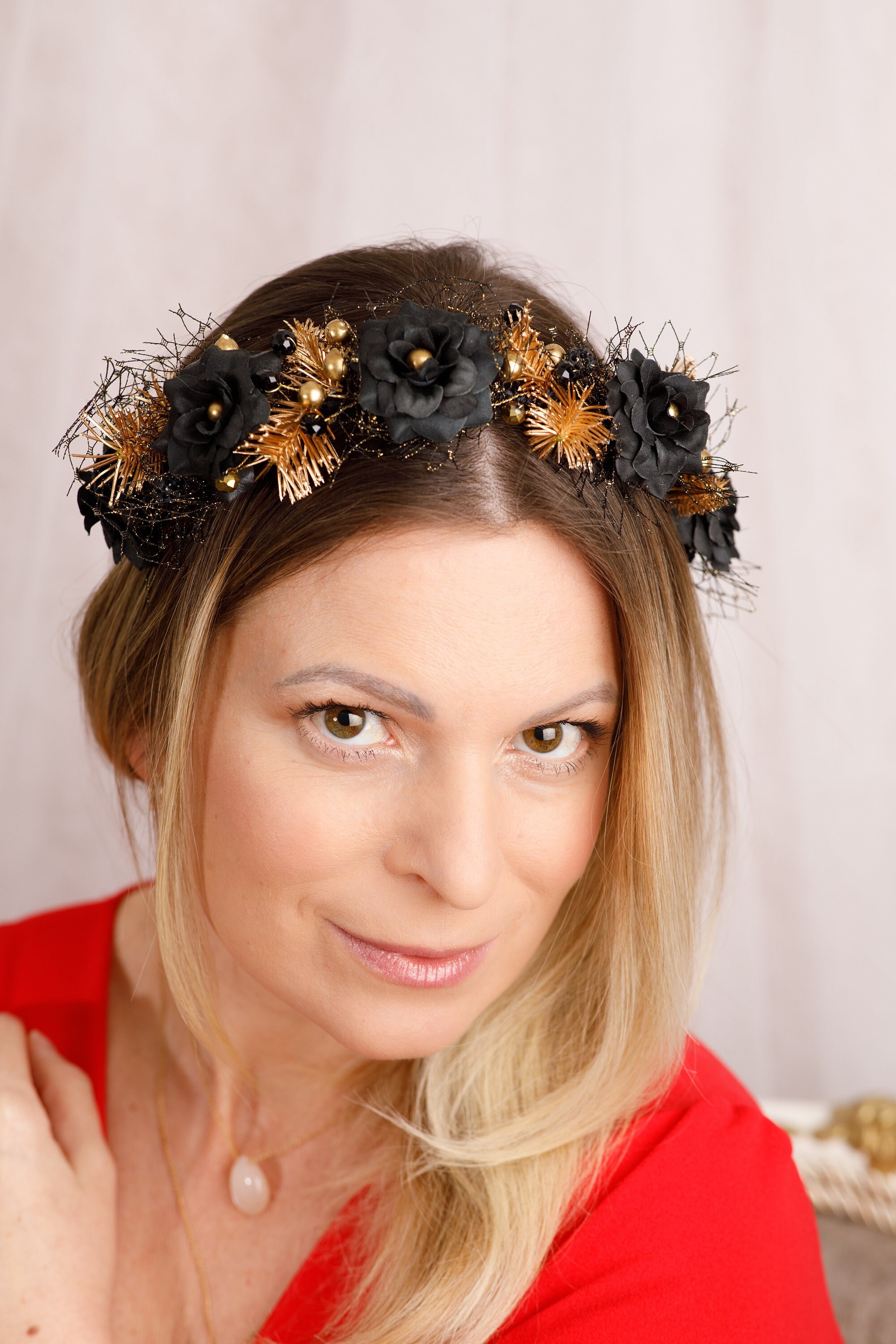 Halo Crown Golden and Black Hair Crown Black Flower Crown Gothic Crown