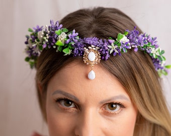 Elven diadem with crystal Medieval circlet Elf crown Elven bridal tiara Fairy headpiece Lavender halo Elven queen circlet Purple elf tiara