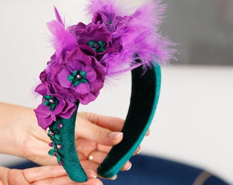 Emerald green fascinate Purple green hat headband Mardi gras fascinator Purple feather hat Velvet padded headband Purple flowers hats halo