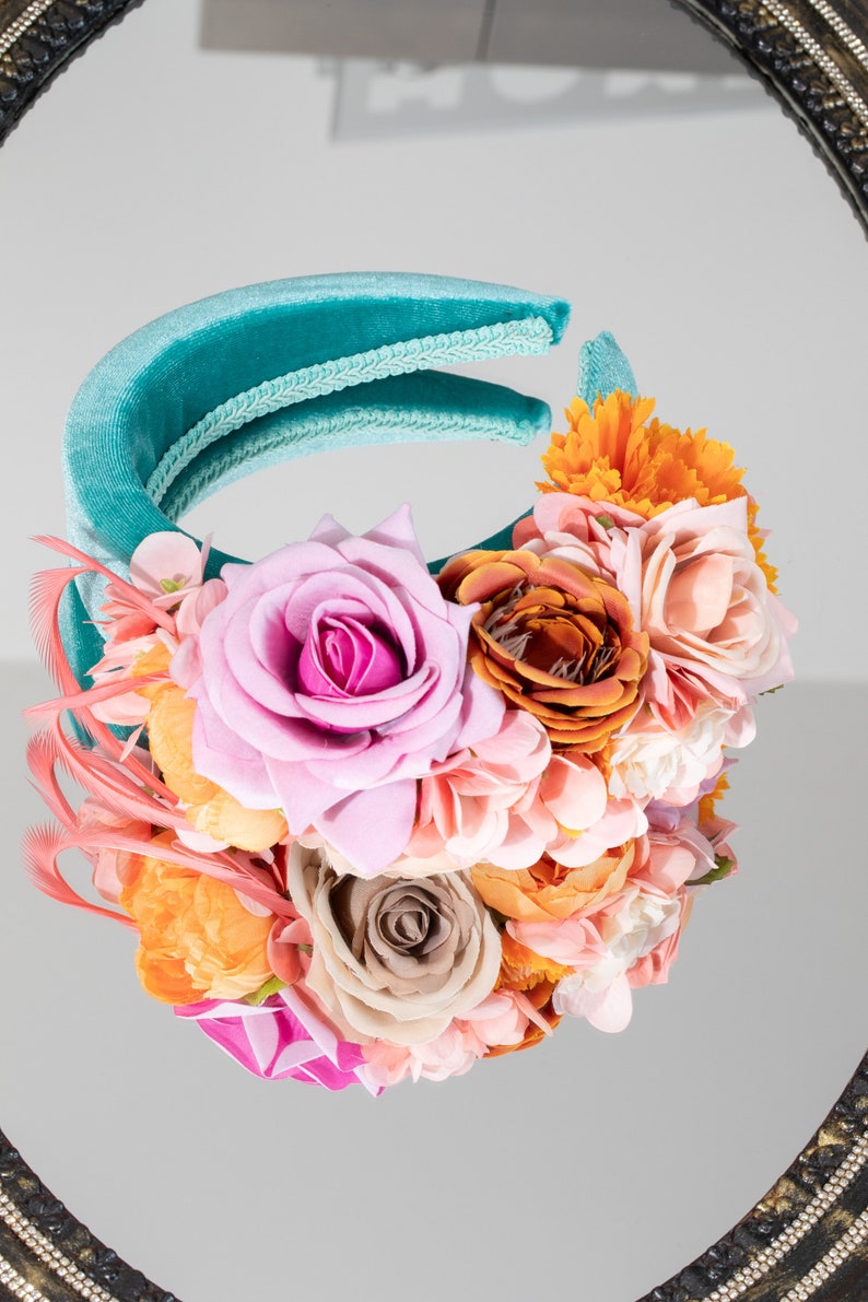 Mint green fascinate Floral peach blush pink fascinator headband Women headpieces for garden patty Orange derby hat Fascinator hairband halo image 9