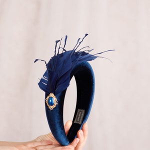 Set navy blue fascinator earrings and bracelet with blue crystal Wedding headband Feather fascinate Kentucky Derby Wedding guest jewelry image 4