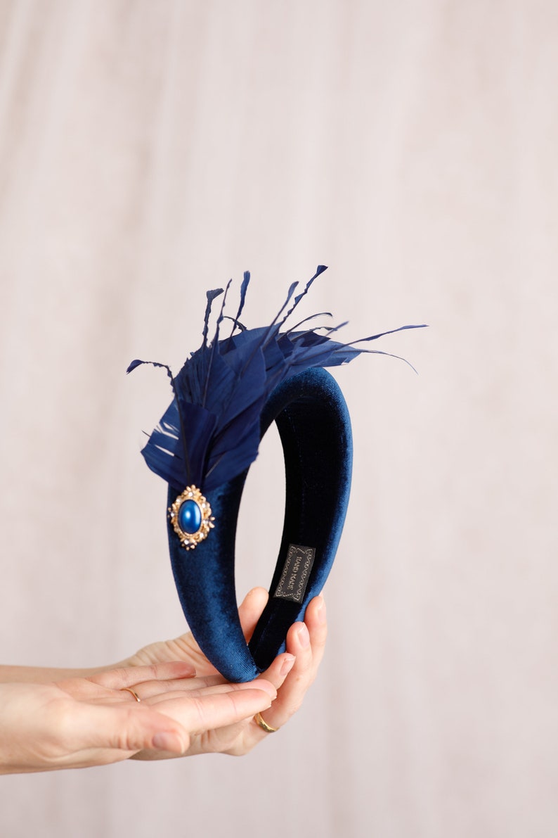 Set navy blue fascinator earrings and bracelet with blue crystal Wedding headband Feather fascinate Kentucky Derby Wedding guest jewelry image 4