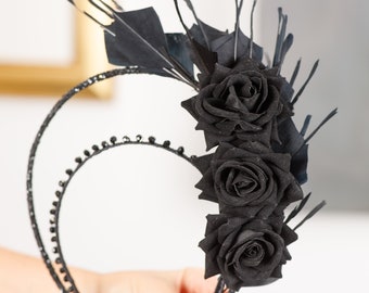 Large black feather fascinator New handmade black designer fascinator halo Black rose flower feather hat Hair fascinator Bride hatinator