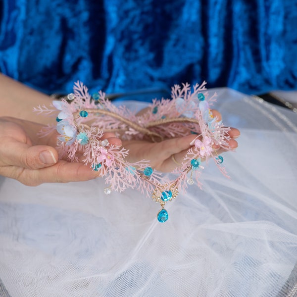 Diadème elfique couronne de fée diadème elfe Halo de fleurs bleu rose pâle avec cristal diadème elfique couronne de fleurs couronne de fleurs pour mariage diadème elfique