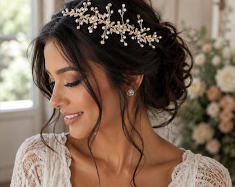 Gold Pearl Wedding Hair Vine, Crystal Bridal Headpiece, Shimmering Botanical Leaves Jewelry