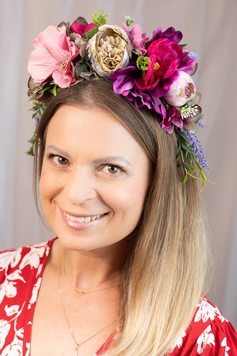 Bridal flower crown Fiesta flower crown Burgundy blush flower headband Mexican Day of the Dead Double sided headband bride Halloween wedding image 9