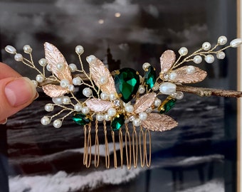 Conjunto de pendientes de peine de pelo nupcial perla y pulsera con cristal verde joyería de pelo verde boda joyería nupcial clip de pelo conjunto de joyería verde