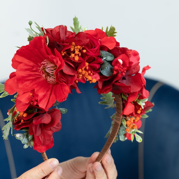 Red crown Frida Mexican Traditional Mexican accessories Women flower headband halo Halloween Mexican style headband Red bridal flower crown