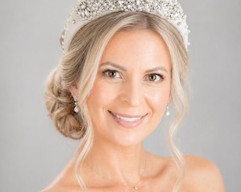 Diadema nupcial acolchada con perlas y cristales, corona de boda de seda blanca, tiara, accesorio para el cabello, regalo