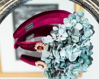 Parure de boucles d'oreilles et bracelet fascinants avec cristal pour femme, fascinateur de cheveux fleur, bandeau bordeaux, chapeau de mariage bleu, cadeau Bridgerton