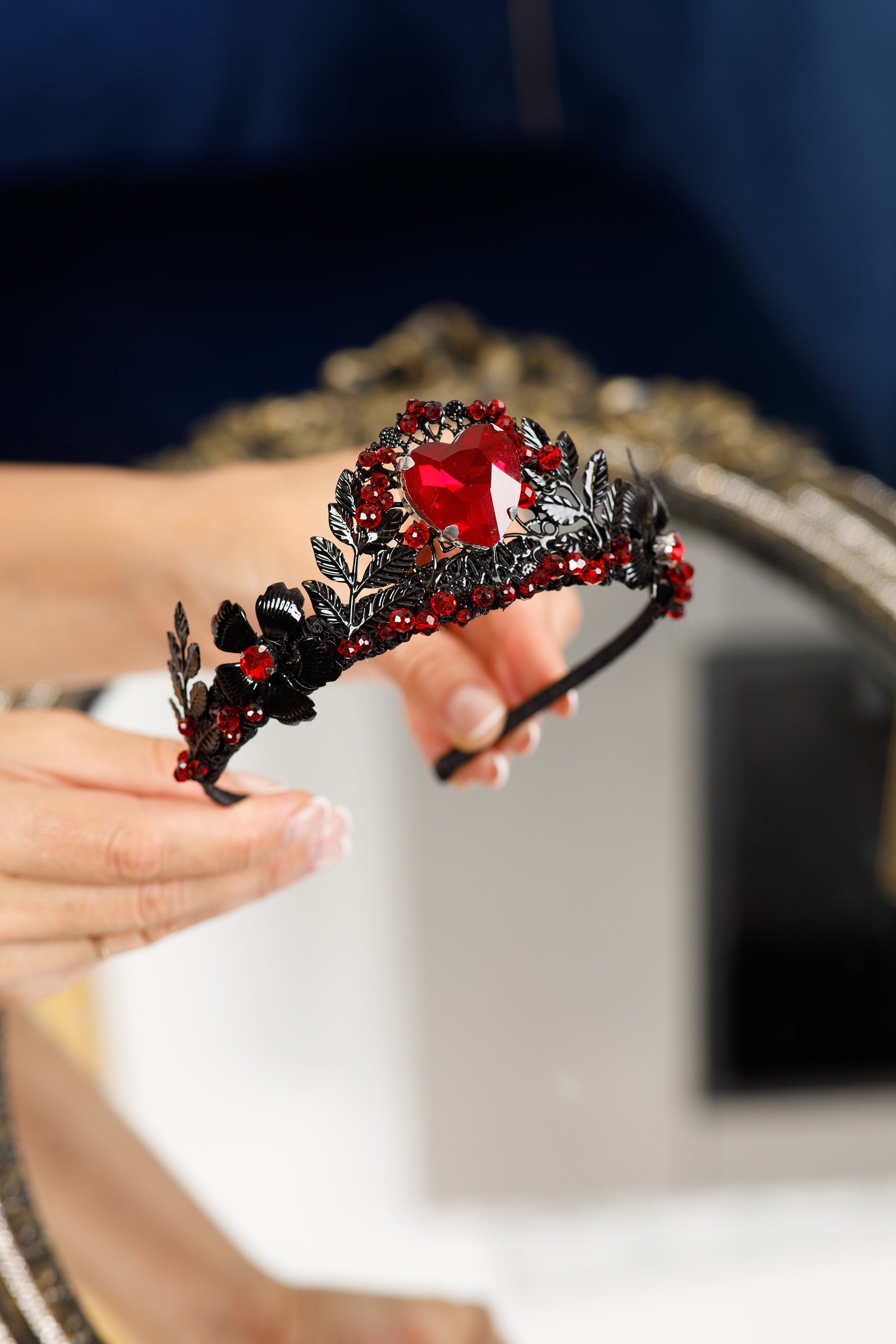Gothic Queen of Hearts Crown, Black Tiara Red Heart, Vampire  display picture 3