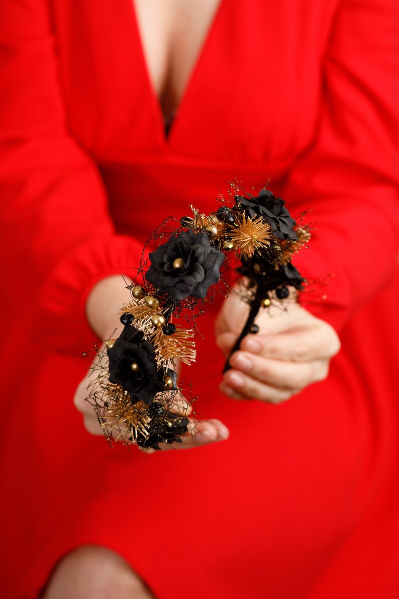 Halo Crown Golden and Black Hair Crown Black Flower Crown Gothic Crown