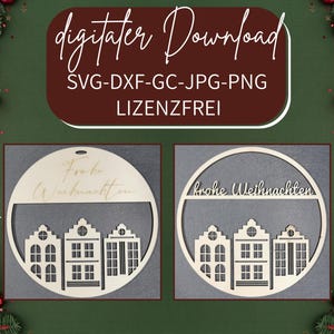 Könnte beinhalten: Zwei digitale Schnittdateien für ein Weihnachtszeichen. Das erste Schild sagt "Frohe Weihnachten" und das zweite Schild sagt "Frohe Weihnachten". Beide Schilder zeigen ein Design aus drei Häusern mit Fenstern.