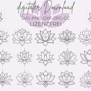 May include: A set of 16 black and white line art illustrations of lotus flowers with geometric patterns. The illustrations are perfect for crafting, scrapbooking, and digital design.