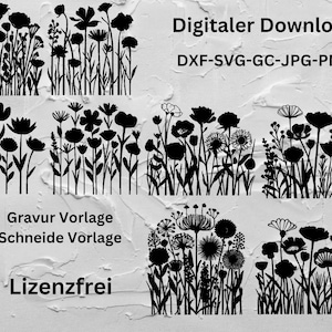 Puede incluir: Un conjunto de cinco imágenes en silueta en blanco y negro de arreglos florales. Las imágenes son descargas digitales en formatos DXF, SVG, GC, JPG y PNG. El texto "Gravur Vorlage" y "Schneide Vorlage" también se incluye en la imagen.