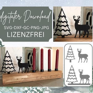 May include: Digital download of an SVG, DXF, GC, PNG and JPG file of a Christmas candle holder with a deer and a tree design. The text "Frohe Weihnachten" is engraved on the wooden base. The design is licence-free.