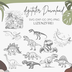 May include: A set of 10 black and white dinosaur illustrations, including a T-Rex, a Stegosaurus, a Triceratops, and a Pterodactyl. The illustrations are in a vintage style and are perfect for use in crafts, scrapbooking, or digital design.  SVG-DXF-GC-JPG-PNG LIZENZFREI