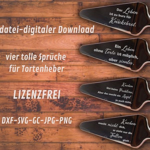 Puede incluir: Cuatro diseños de servidores de pastel de plata con refranes grabados. Los refranes son: "Das Leben ist zu kurz für Knäckebrot", "Ein Leben ohne Torte ist möglich, aber sinnlos", "Kuchen löst keine Probleme. Aber das macht ein Apfel ja auch nicht", y "Kuchen macht nicht dick, er zieht nur die Falten glatt".