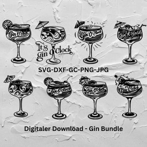 Könnte beinhalten: Ein Set mit acht Schwarzweiß-Digitaldownloads mit Illustrationen von Martini-Gläsern mit dem Text "It's Gin O'Clock".