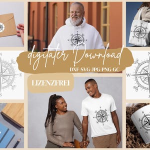 May include: A digital download of a compass design in black and white. The design is available in DXF, SVG, JPG, PNG, and GC formats. The text "digifafer Download" and "LIZENZFREI" is displayed on the image.