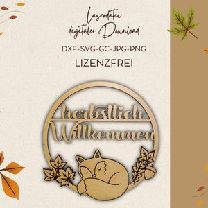 Laser file_autumn Welcome Loop - door sign for the autumn season with sleeping fox and leaves _Lasercut file_digital download SVG DXF