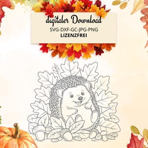Puede incluir: Dibujo lineal en blanco y negro de un erizo sonriente rodeado de hojas, bellotas y setas. La imagen tiene un tema otoñal con calabazas y hojas de otoño en el fondo. El texto en la parte superior dice "digitaler Download" y tipos de archivo.