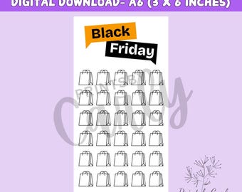 Puede incluir: Hoja de descarga digital imprimible en blanco y negro con el texto "Black Friday" en un bocadillo negro con contorno amarillo. La hoja contiene 36 iconos de bolsas de la compra.